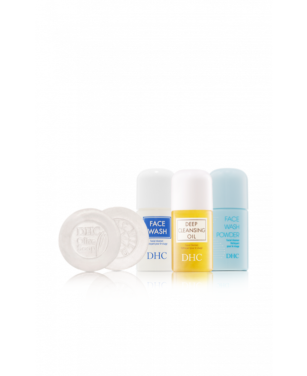 DHC Mini Cleansers Discovery Set - Face Wash, Cleansing Oil, Face Wash Powder, Olive Soap, Mild Soap