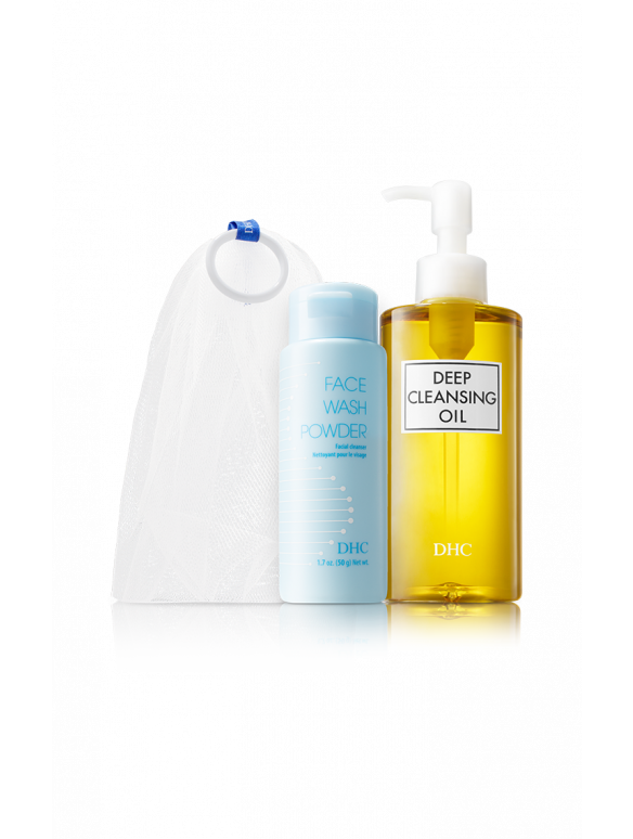 DHC The Exfoliating Double Cleanse Set - Deep Cleansing Oil, Face Wash Powder & Facial Foaming Mesh