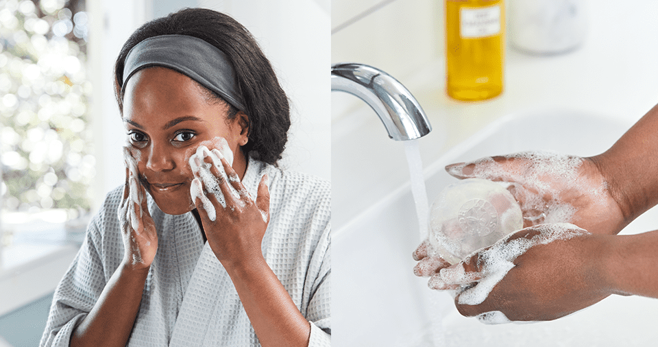 Woman washing face with DHC's mild soap facial soap bar