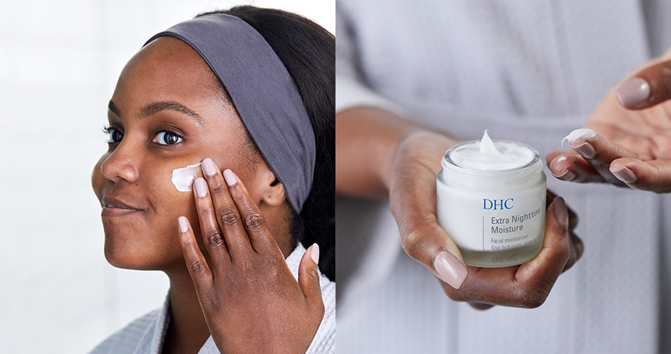 Woman moisturizing face with DHC's Extra Nighttime Moisture